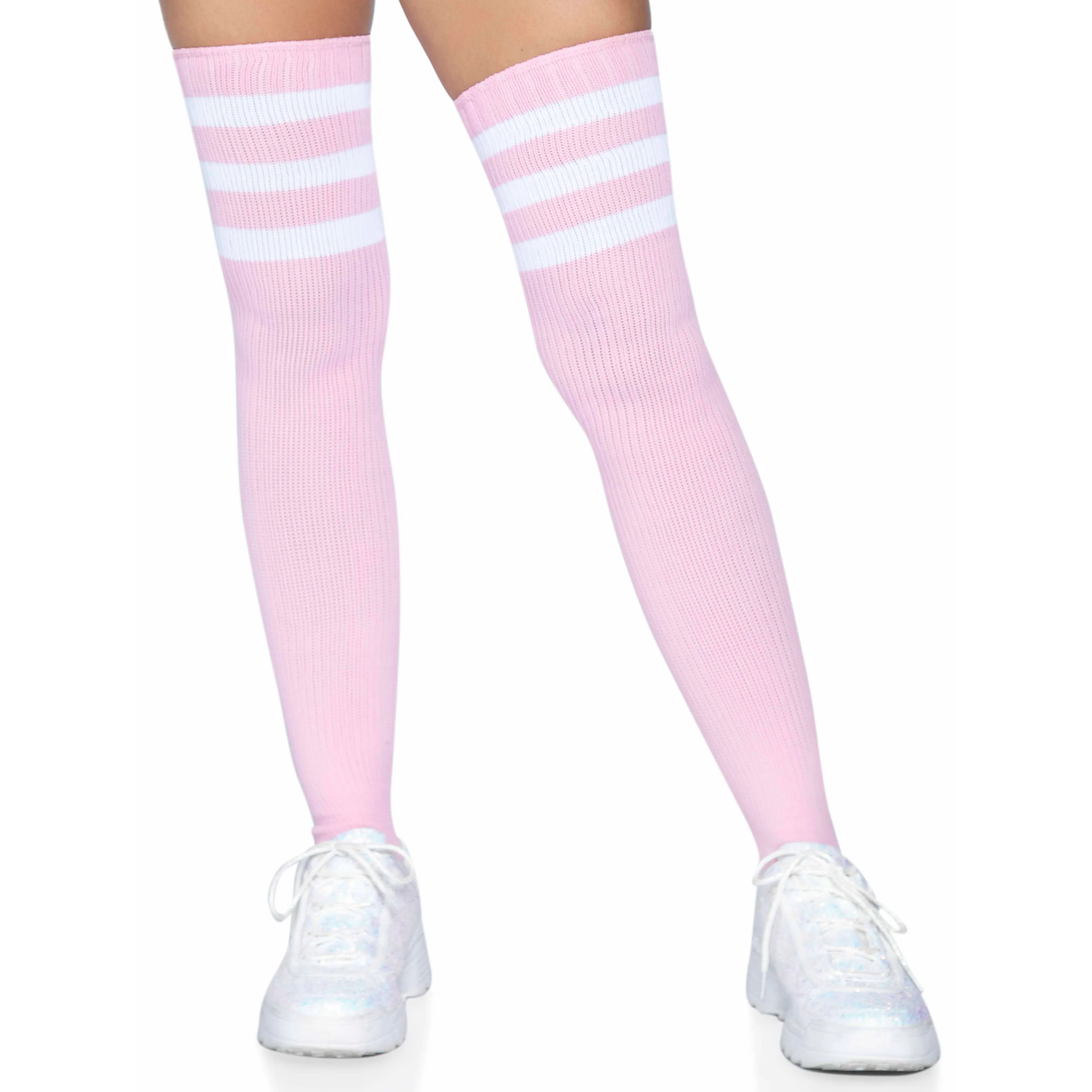 3 Stripes Athletic Ribbed Thigh Highs - One Size - Light Pink