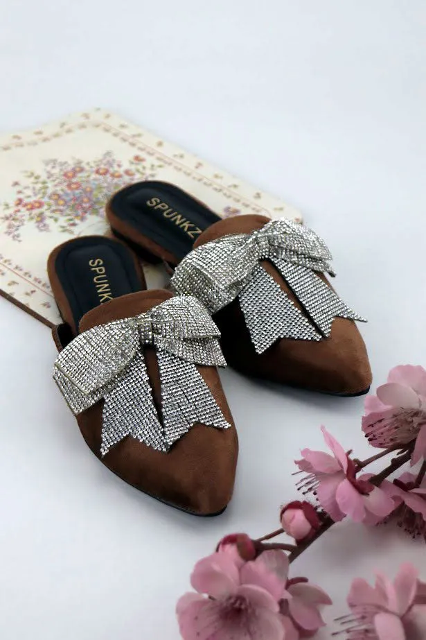 Annabel Chocolate Brown Crystal mesh bow Velvet Mules