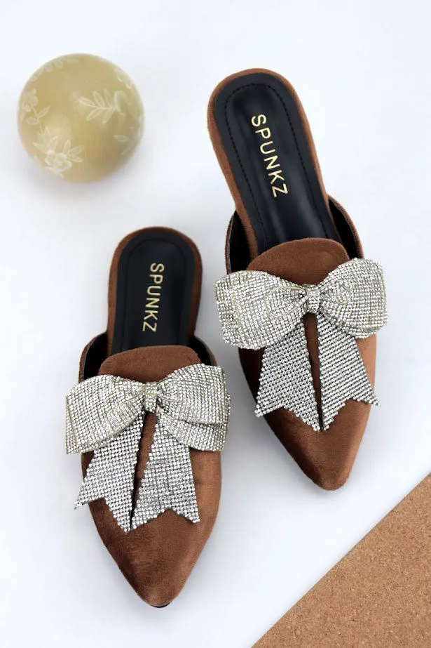 Annabel Chocolate Brown Crystal mesh bow Velvet Mules