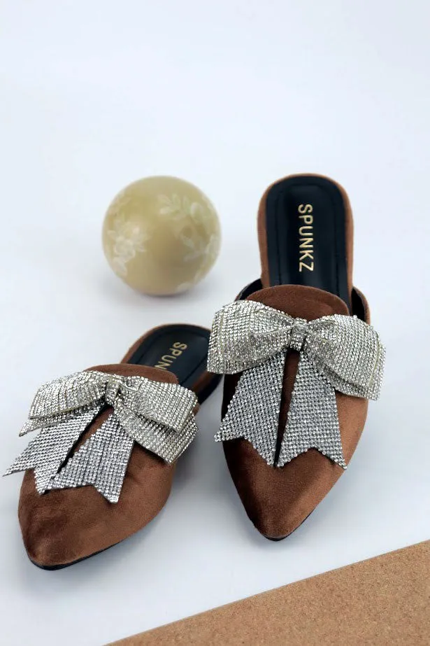 Annabel Chocolate Brown Crystal mesh bow Velvet Mules