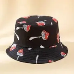 Black Red Mushroom Print Bucket Hat