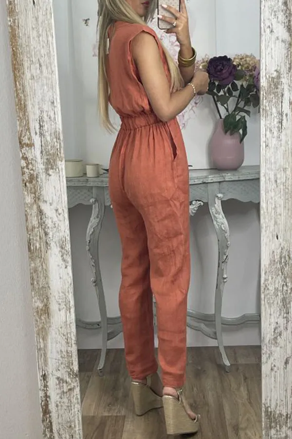 Casual Solid Pocket V Neck Loose Jumpsuits