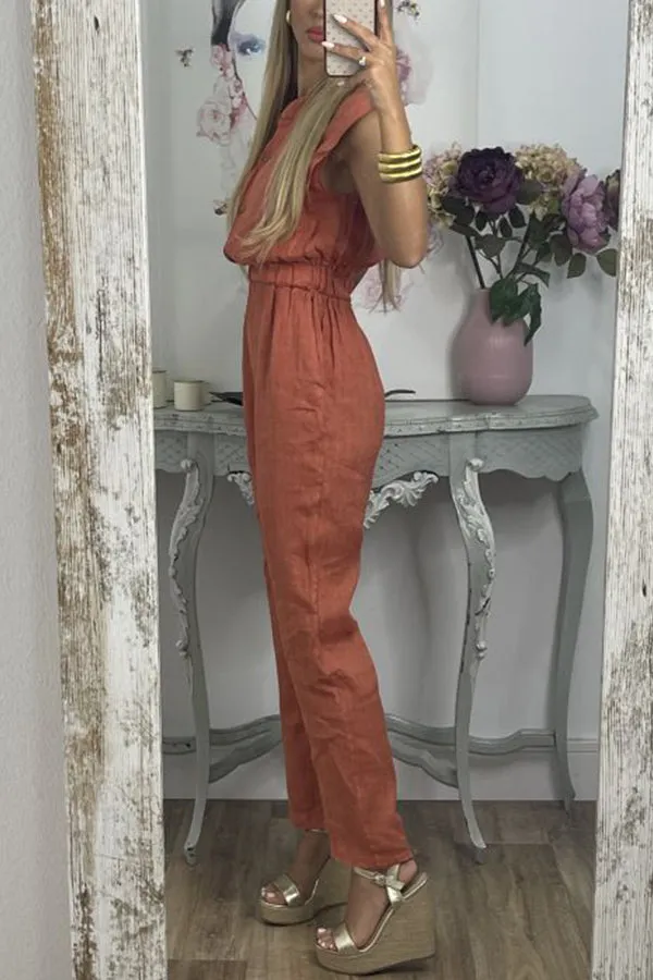 Casual Solid Pocket V Neck Loose Jumpsuits