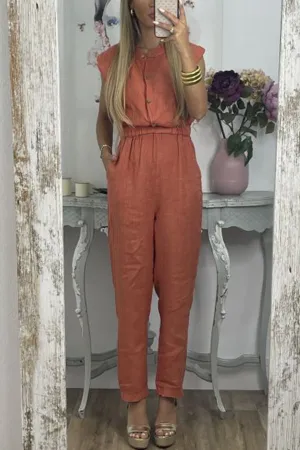 Casual Solid Pocket V Neck Loose Jumpsuits