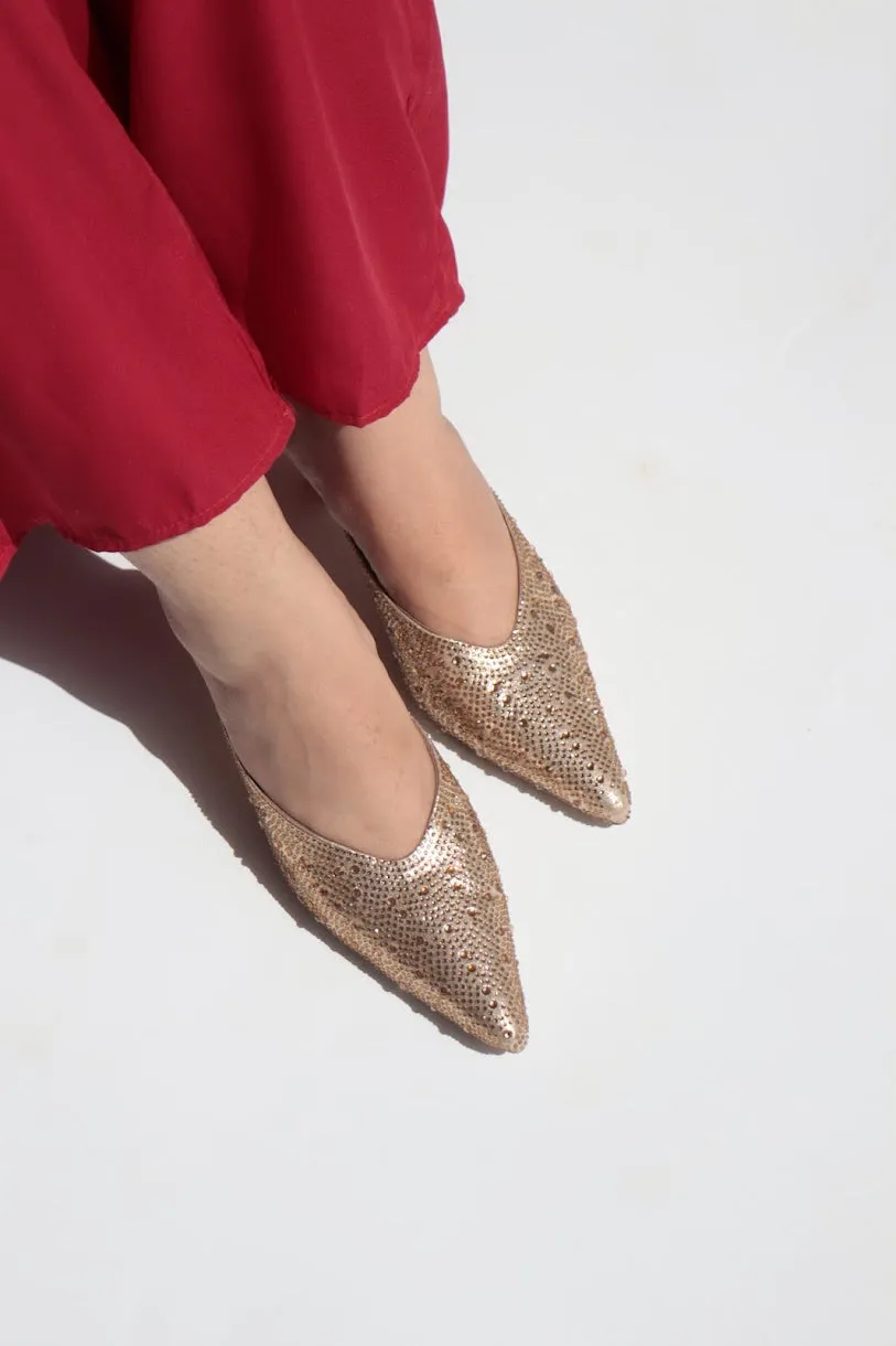 Crystal Sequins Gold Embellished Pointed Shallow Diamond Suede Mules