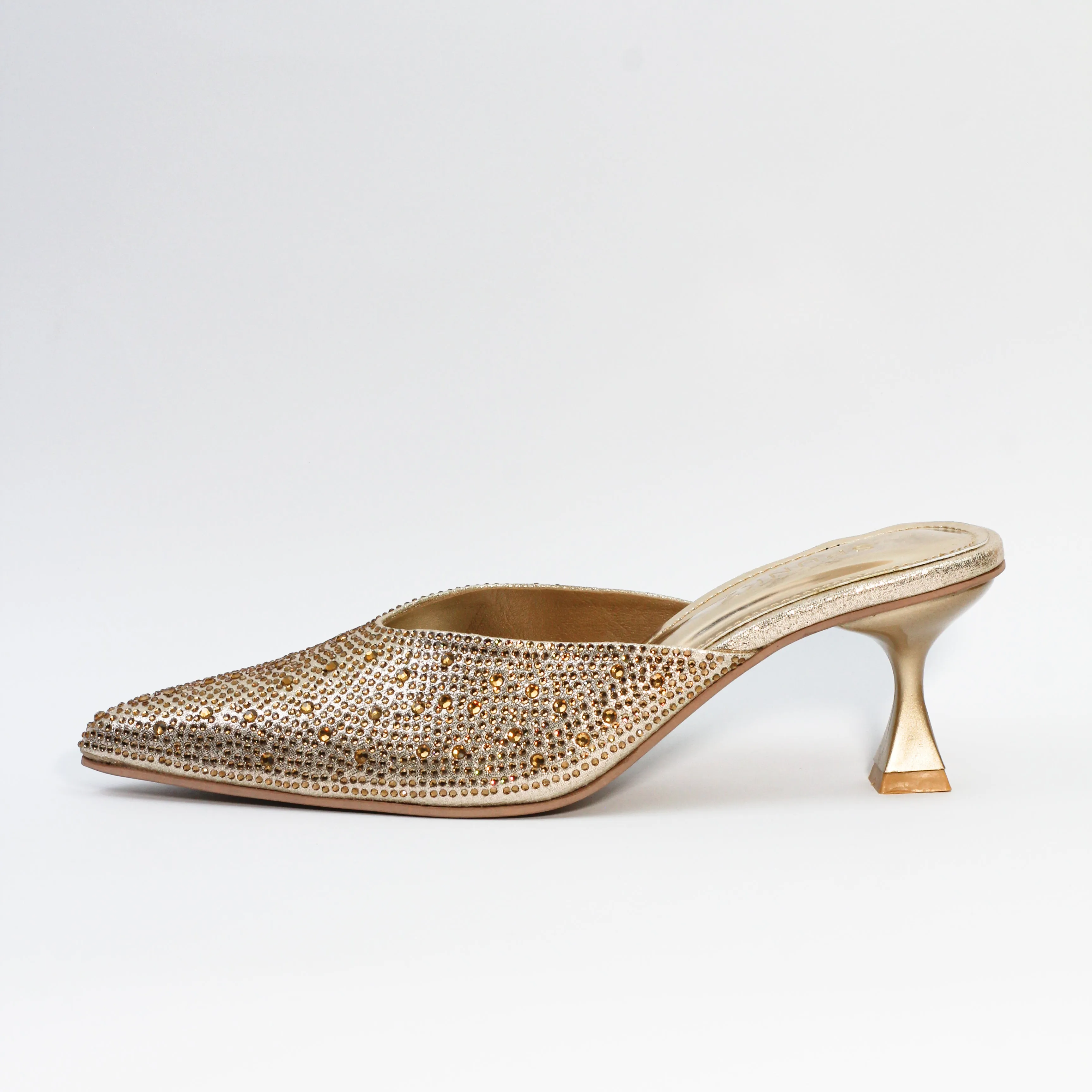 Crystal Sequins Gold Embellished Pointed Shallow Diamond Suede Mules