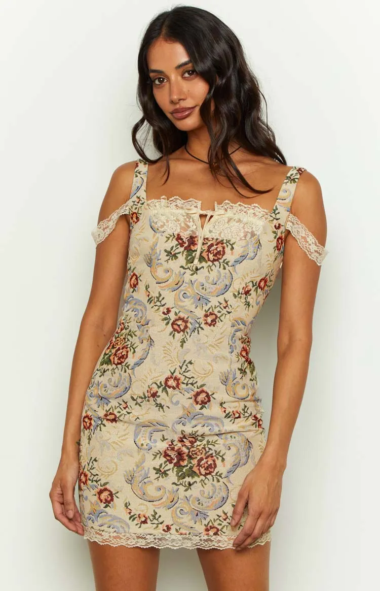 Daydreaming Beige Tapestry Mini Dress