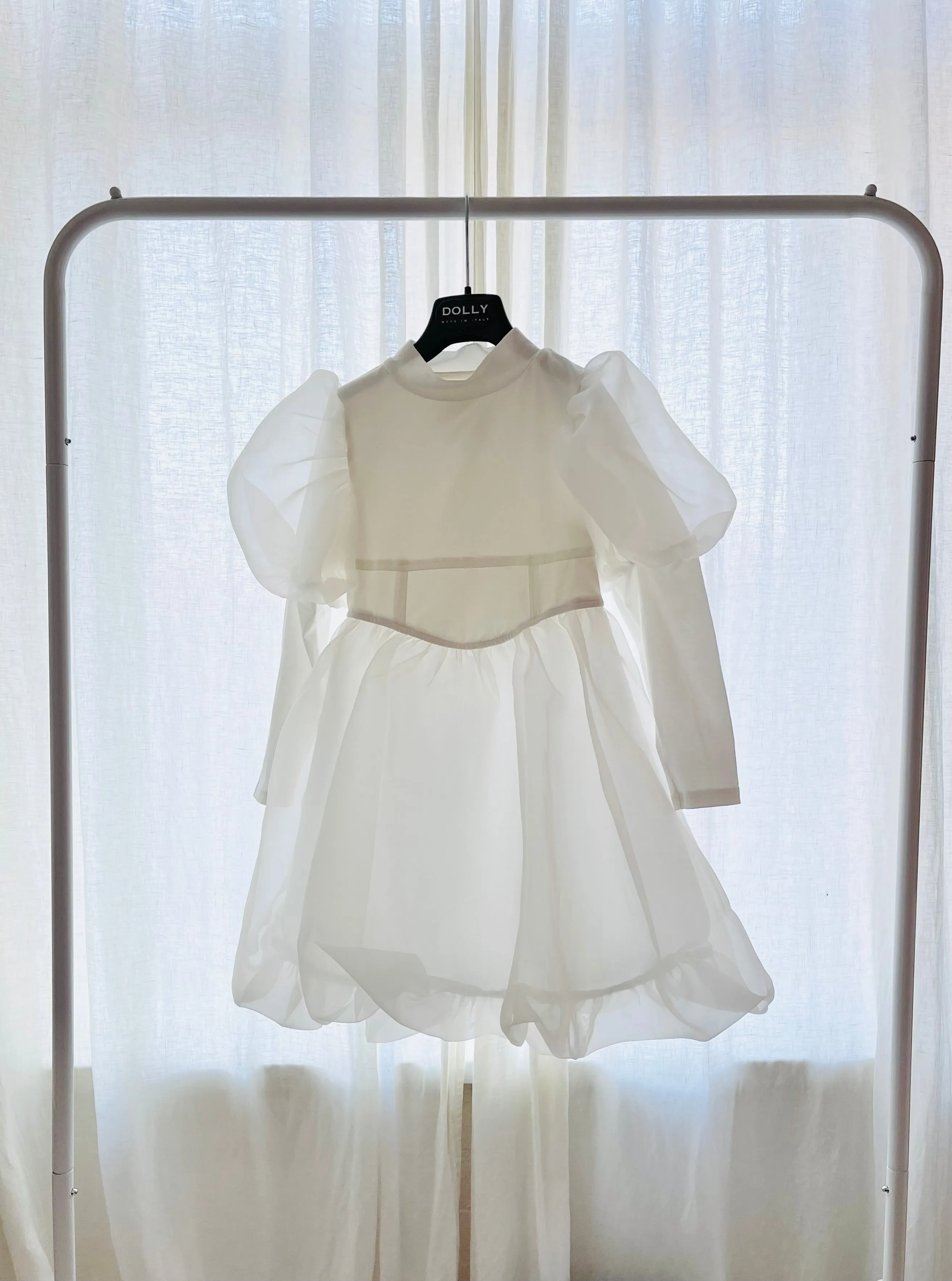 DOLLY WORLD PUFF LONG SLEEVE BALLOON ORGANZA DRESS WITH COTTON BODY white