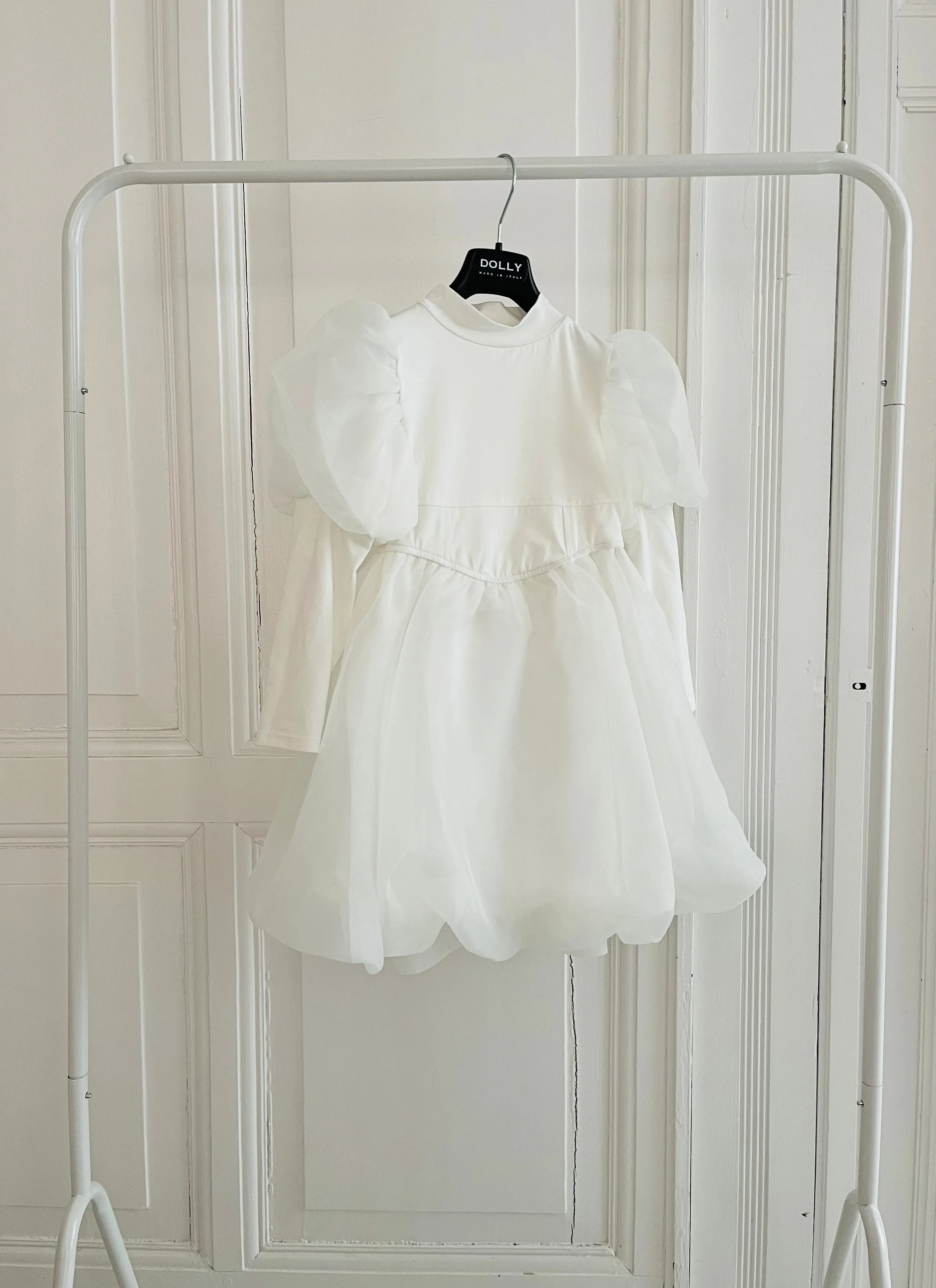 DOLLY WORLD PUFF LONG SLEEVE BALLOON ORGANZA DRESS WITH COTTON BODY white