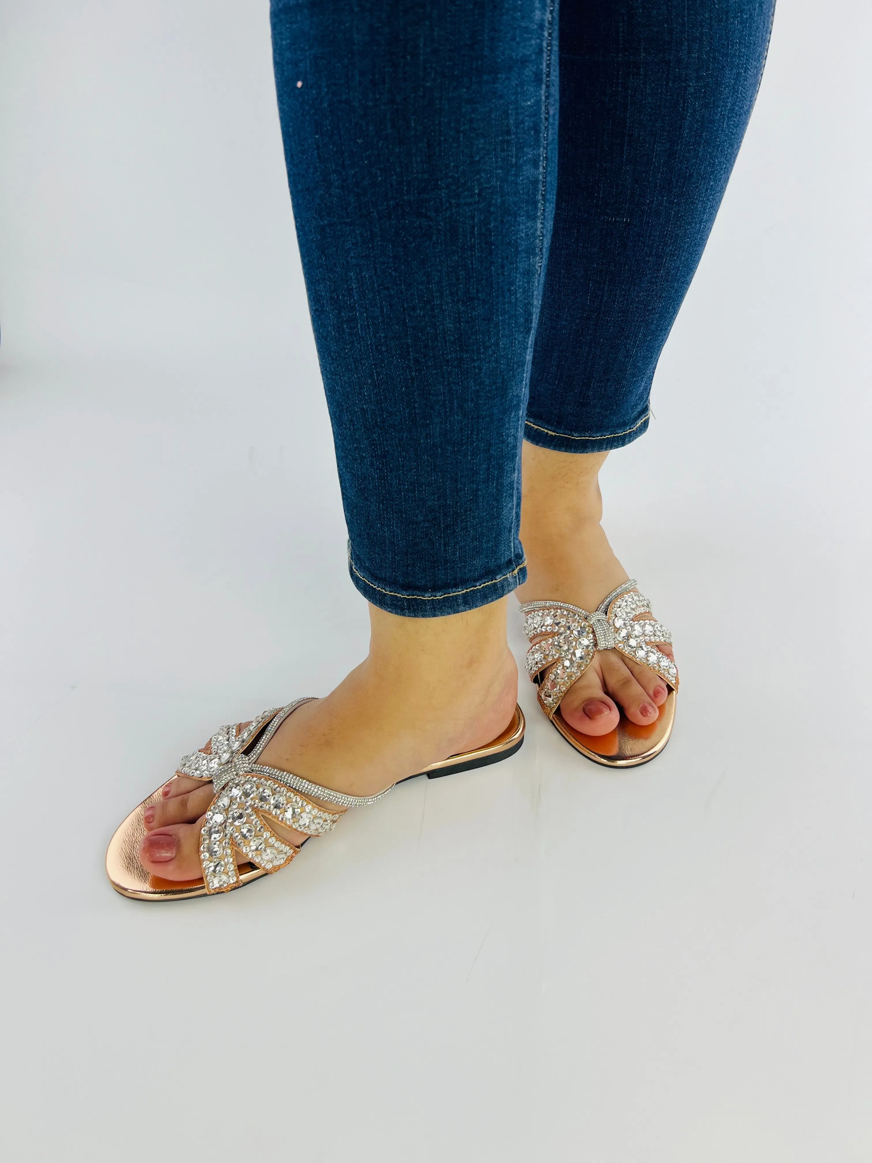 Natasha Strappy Rhinestones Slide Flats