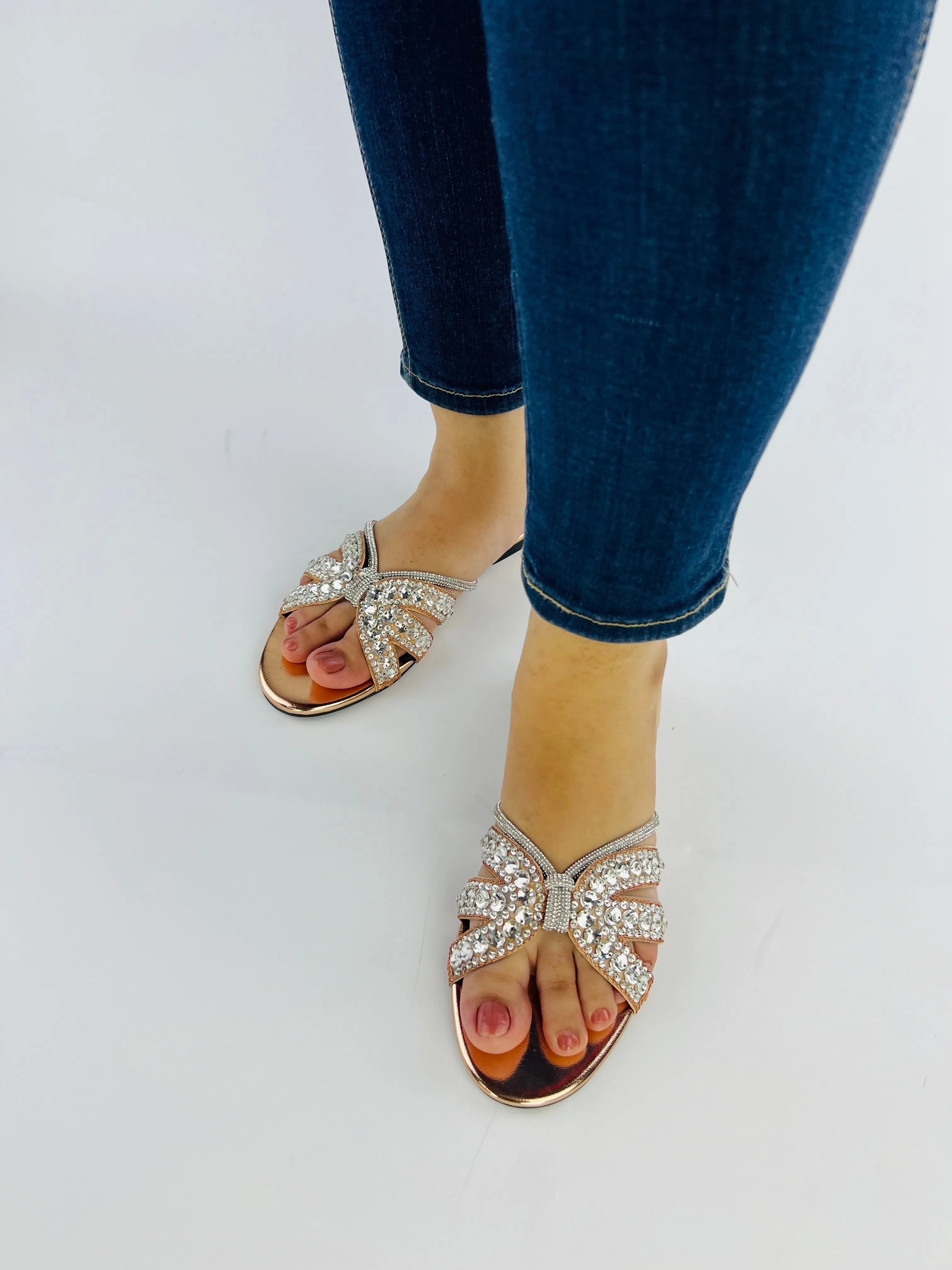 Natasha Strappy Rhinestones Slide Flats