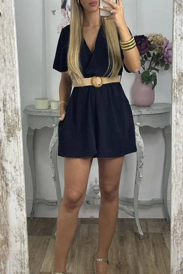 Raffia Belt V-Neck Puff Sleeve Playsuit