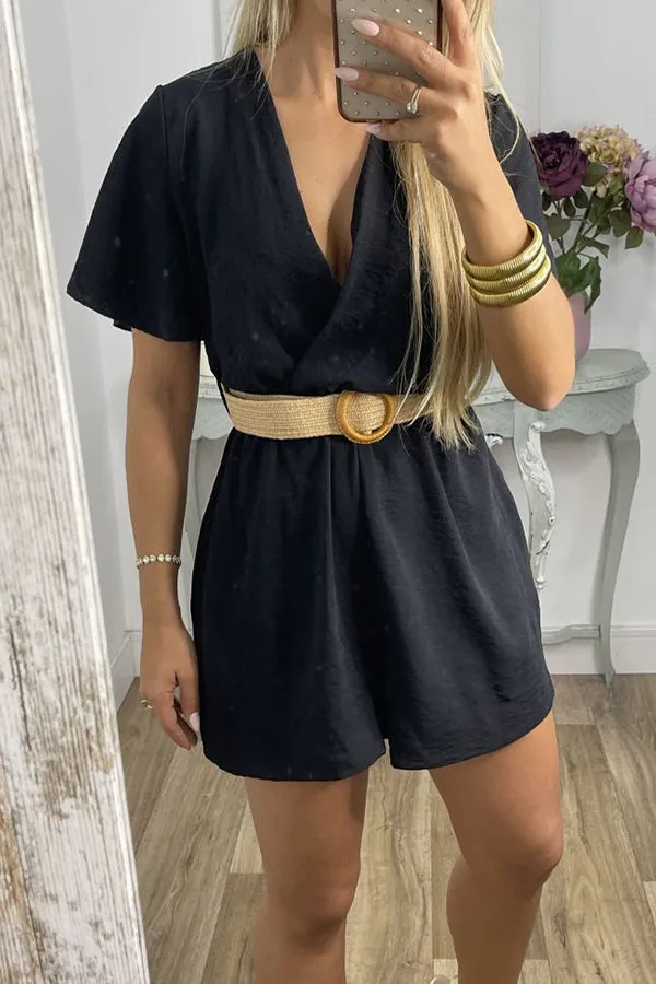 Raffia Belt V-Neck Puff Sleeve Playsuit