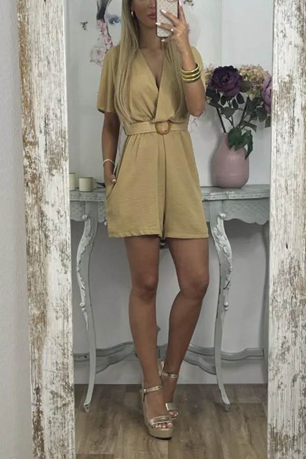 Raffia Belt V-Neck Puff Sleeve Playsuit