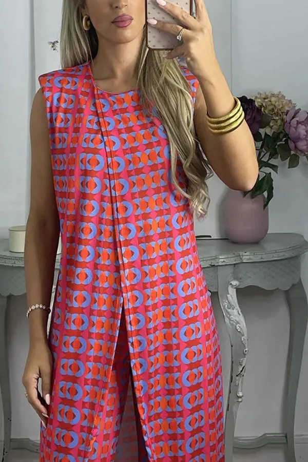 Retro Print Casual Split Top Two-Piece Set