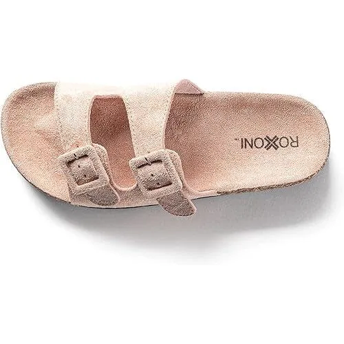 Roxoni Women Comfort Sandals Double Buckle Adjustable EVA Flat Slides Footbed Suede with Arch Support Non-Slip