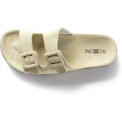 Roxoni Women Comfort Sandals Double Buckle Adjustable EVA Flat Slides Footbed Suede with Arch Support Non-Slip