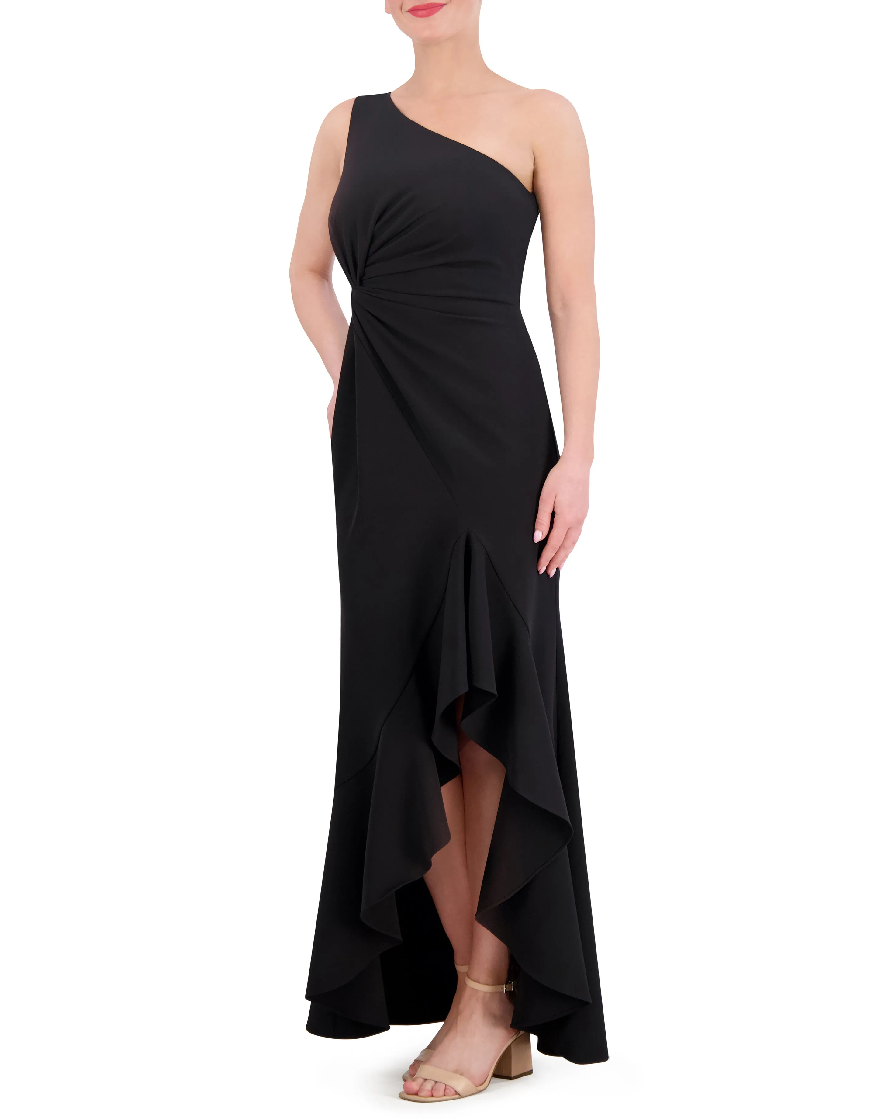 Ruffled One-Shoulder Twist-Front Gown