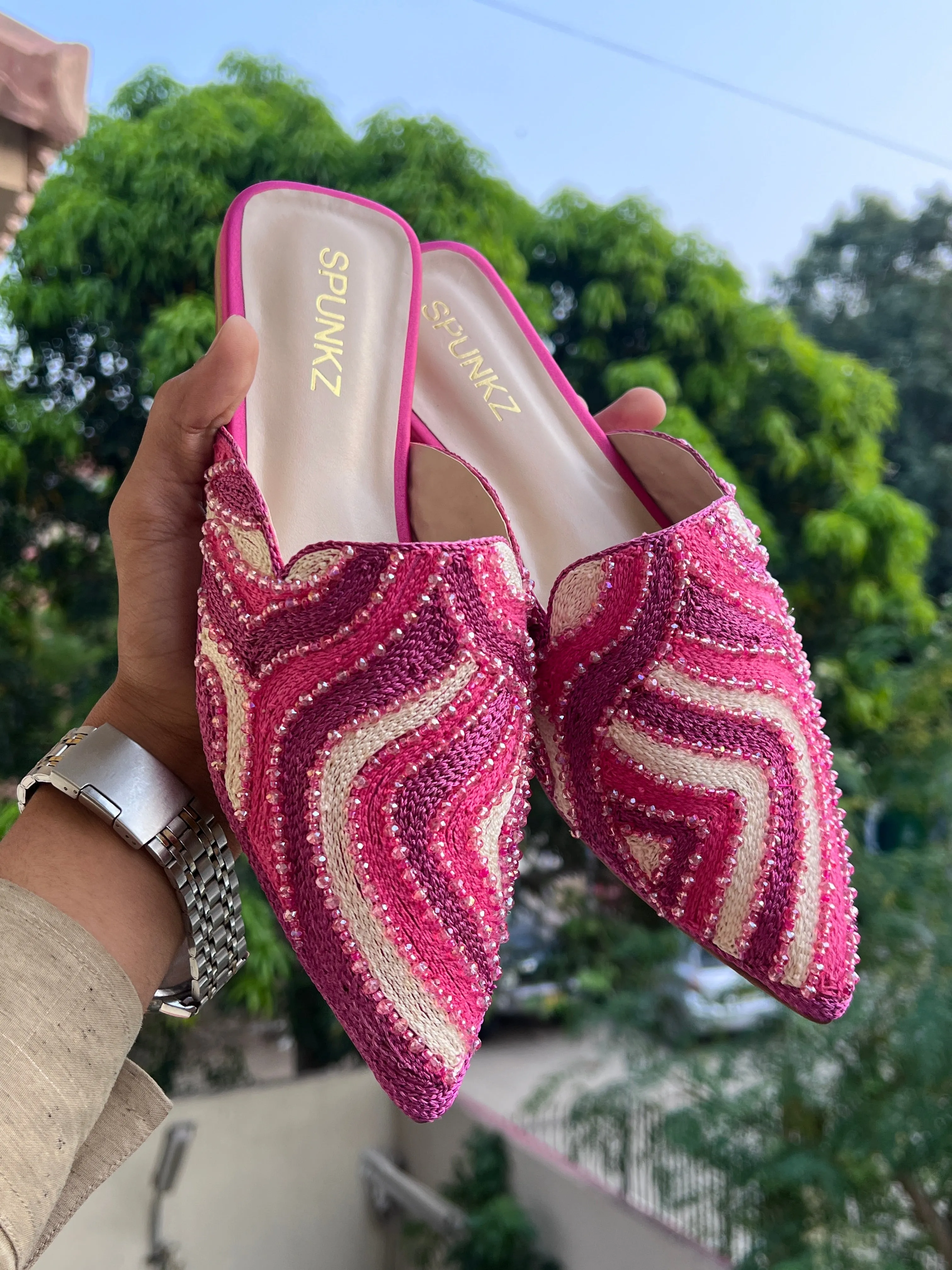 Spunkz Bridal Pink Hand Embroidery Mules