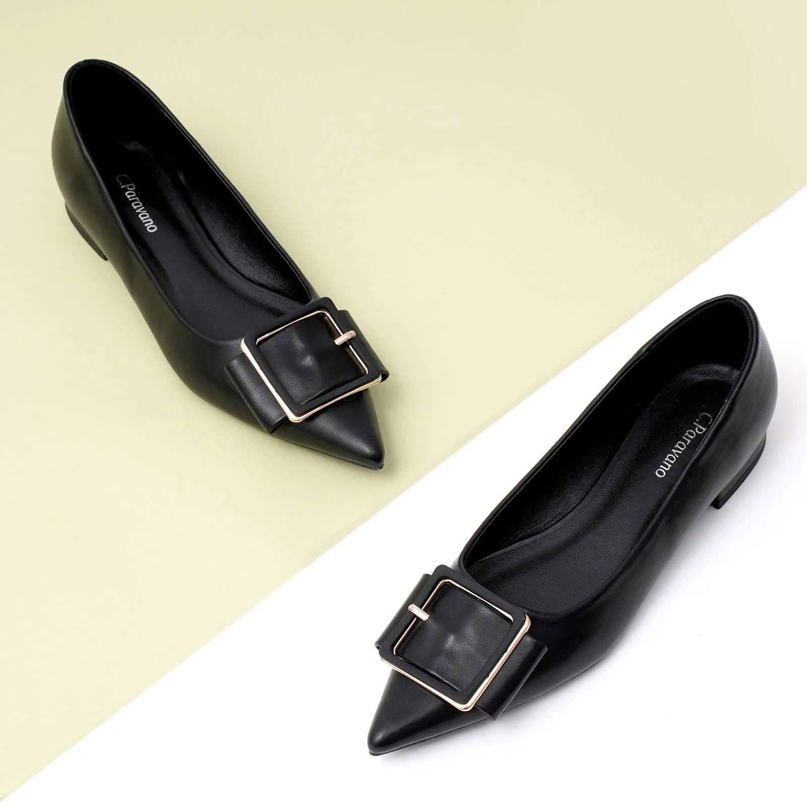 Square Buckle Flats (Aida) Black