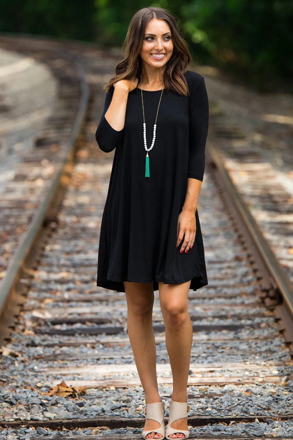 The Perfect Piko 3/4 Sleeve Swing Dress-Black