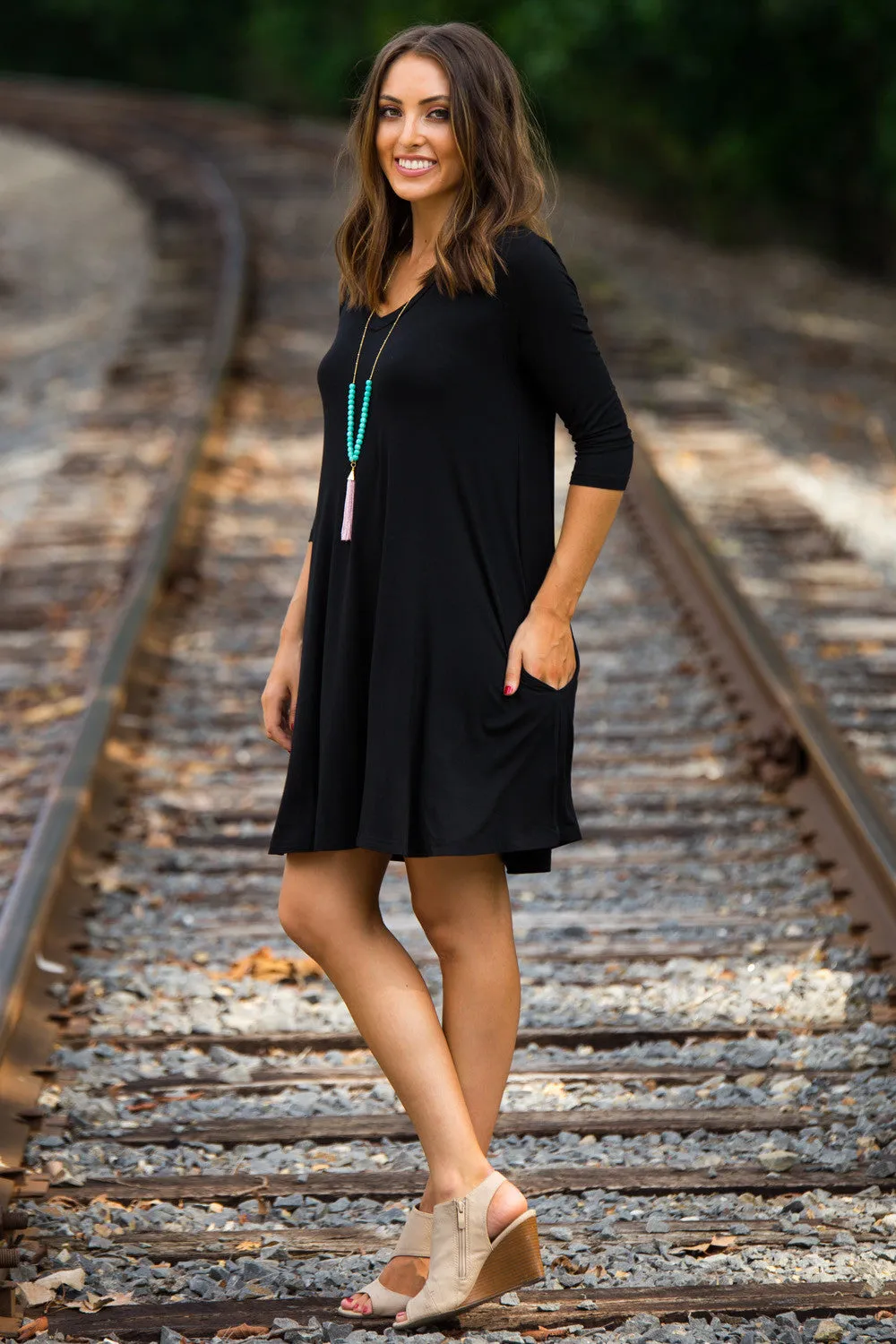 The Perfect Piko 3/4 Sleeve V-Neck Swing Dress-Black