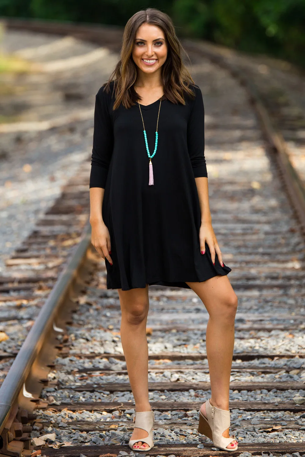 The Perfect Piko 3/4 Sleeve V-Neck Swing Dress-Black