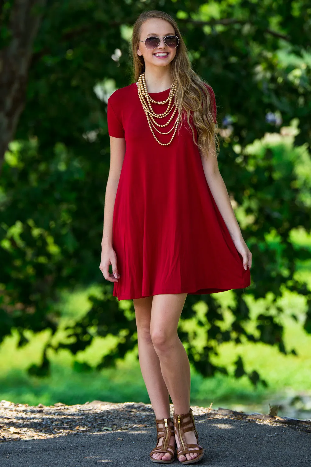 The Perfect Piko Short Sleeve Swing Dress-Wine