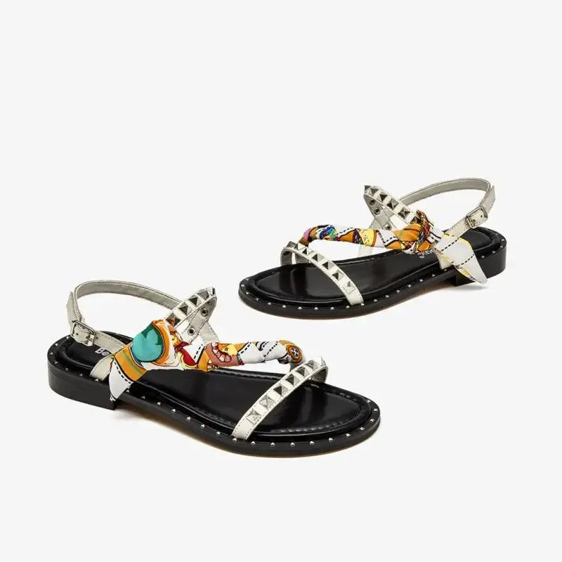 Women’s Elegant Studded Flat Sandals in Leather