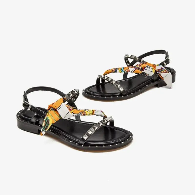 Women’s Elegant Studded Flat Sandals in Leather