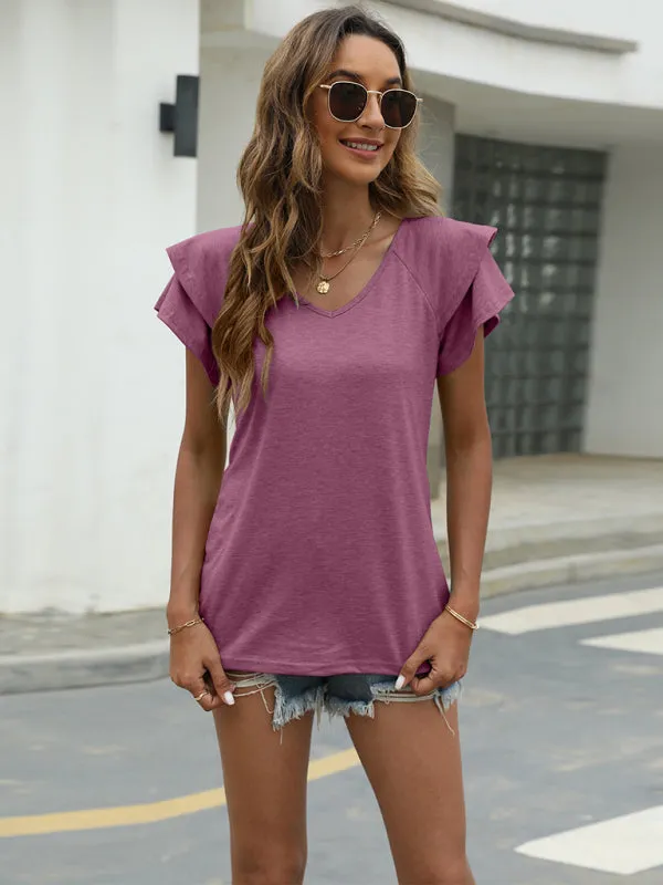 Women's V-Neck Double Layer Ruffled Sleeve Loose Top