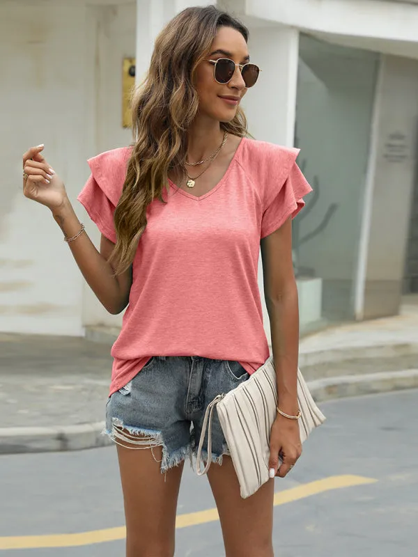 Women's V-Neck Double Layer Ruffled Sleeve Loose Top